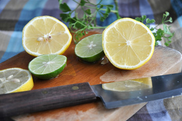 fresh sliced lemon on cutting board