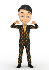 Successful businessman in a suit on a white background indicates