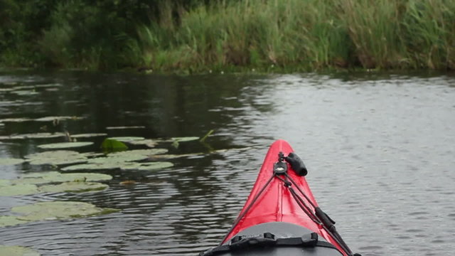 On board shot of a red kayak paddling on a canal in a nature reserve. 