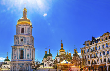 Fototapeta na wymiar Saint Sophia Cathedral Spires Tower Sun Kiev Ukraine 