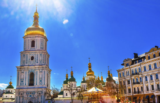 Saint Sophia Cathedral Spires Tower Sun Kiev Ukraine 