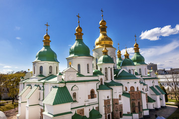 Fototapeta na wymiar Saint Sophia Sofia Cathedral Spires Sofiyskaya Square Kiev Ukraine