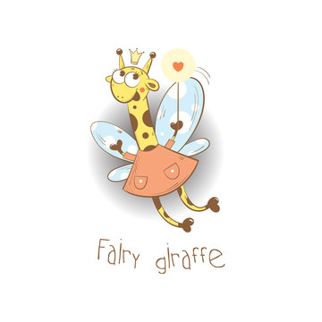 Children's card with cartoon fairy  giraffe  and magic wand. Vector image.