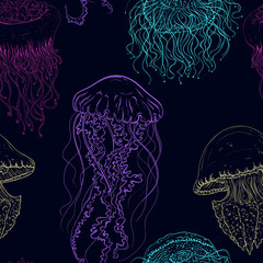 Fototapeta premium Vintage seamless pattern with collection of jellyfish. Hand drawn vector illustration of marine fauna in line art style.Design for summer beach, decorations.