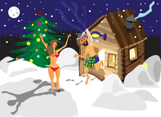 Drawing a man and a woman running away from the sauna on Christm