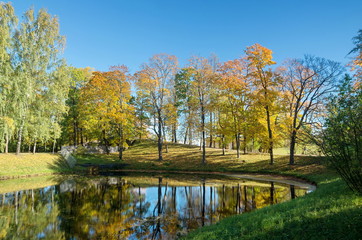 Autumn colorful landscape in the Catherine park in Pushkin (Tsarskoe Selo), St.Petersburg, Russia. 