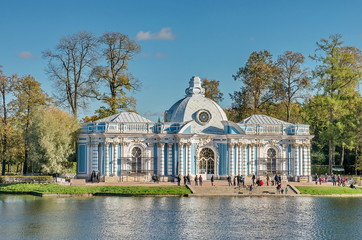 Fototapeta na wymiar The Grotto Pavilion near the Great Pond in the Catherine Park, Pushkin (Tsarskoe Selo), Russia.