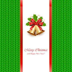 Christmas bells on green knitted pattern