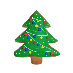 Isolated Christmas Cookie Food. Green Gingerbread Xmas Tree on W