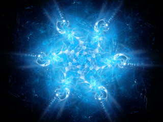 Blue glowing neon fractal in space