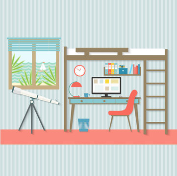 Living room modern interior design infographic in flat style including bunk bed with stairs, table with desktop computer, chair, bookshelves, window and telescope. vector illustration