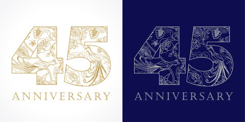  45 anniversary vintage logo. Template numbers of 45th jubilee in ethnic patterns and birds of paradise.