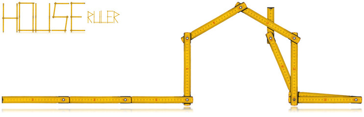 House - Wooden Folding Ruler / Wooden yellow meter in the shape of house with reflections, isolated on white background. Design house concept