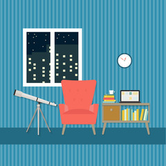 flat living room, night window, telescope, chair and bookcase. vector illustration
