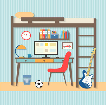 flat workplace in student room with guitar. Vector illustration
