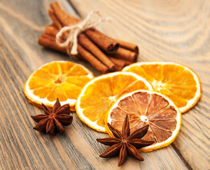 Fototapeta na wymiar Spices and dried oranges