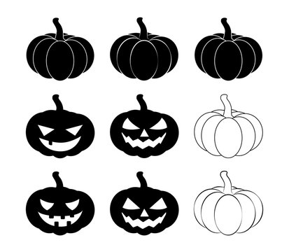 Halloween pumpkin silhouette set vector illustration, Jack O Lantern  isolated on white background. Scary orange picture with eyes.