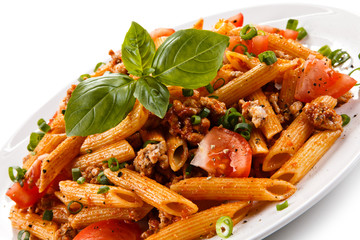 Penne with meat, tomato sauce and vegetables 