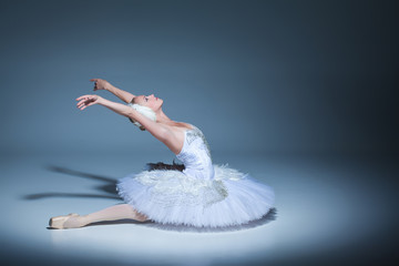 Portrait of the ballerina in ballet tatu on blue background