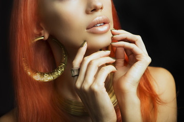Redhead Women with Golden Make-up, Hands with Golden Manicure. M