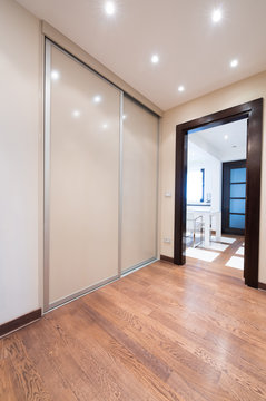 Spacious anteroom interior with modern sliding closet door