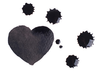 drawn in ink, watercolor, black heart isolated on white background.