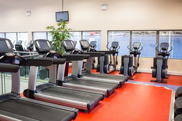 Fototapeta premium Row of treadmills and exercise bikes