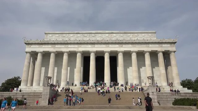 Washington DC Lincoln Memorial tourists on front steps 4K 012