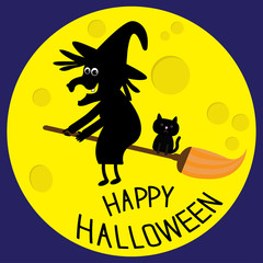 Flying black witch and cat. Big moon. Happy Halloween card. Flat design.