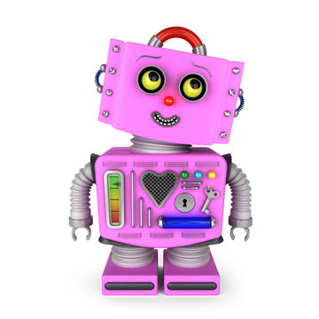 Pink Toy Robot Girl Over White Background Looking Up To The Right