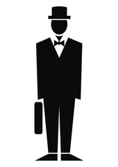 figurine and bag, black silhouette of man with satchel, vector icon