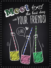 Youth style poster Meet friends with bottles of soda