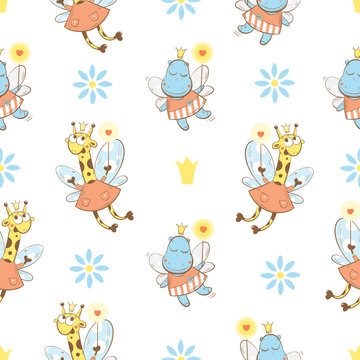 Vector seamless pattern with fairies giraffes and  hippopotamuses  on a white  background.