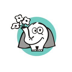 Elephant. Fun with flowers. The flat illustration. Colored background.