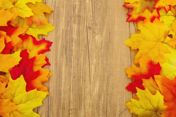 Autumn Leaves and Weather Wood Background