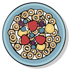 Top view of breakfast food plate, isolated on white