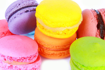 Sweet and colourful french macaroons or macaron on white background, Dessert.