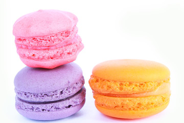 Sweet and colourful french macaroons or macaron on white background, Dessert.