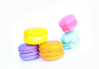 Sweet and colourful french macaroons or macaron on white background, Dessert.