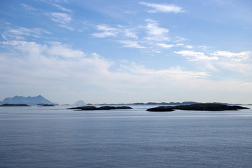 Misty mountain coast near Bodo viewed from ferry to Lofoten, Nor