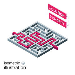 Isometric maze, labyrinth solution concept. Vector illustration