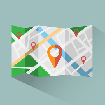 Colorful map with map pointers digital vector icon.