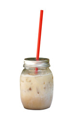 Iced coffee in glass jar with red straw