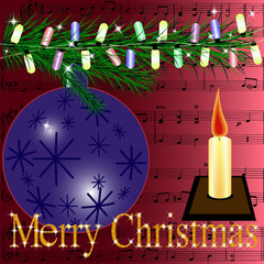 Christmas card , which depicts a fur-tree branch decorated with multi-colored torch and candle . In the background score Merry Christmas .