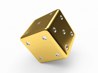 Golden dice cube isolated on white background
