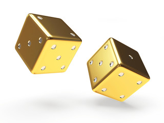 Golden dice cubes isolated on white background