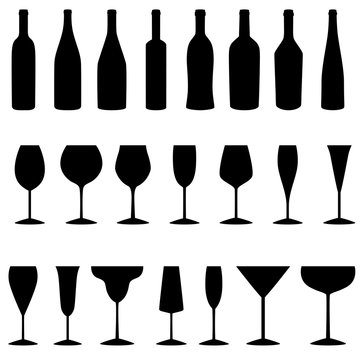Set of bottles and glasses icons, vector illustration