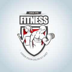 Man and woman Fitness logo template. Gym club logotype. Sport Fitness club creative concept. Bodybuilder Fitness Model Illustration, Sign, Symbol, badge.