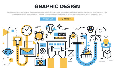 Flat line design concept for graphic design workflow process, industrial design, branding, corporate identity, stationary, product design, photo editing, for website banner and landing page.