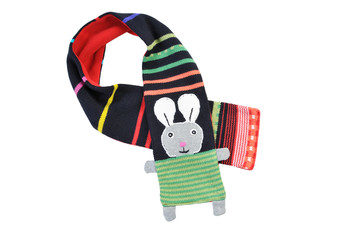 Children's colorful scarf, with a hare. Isolated on a white back